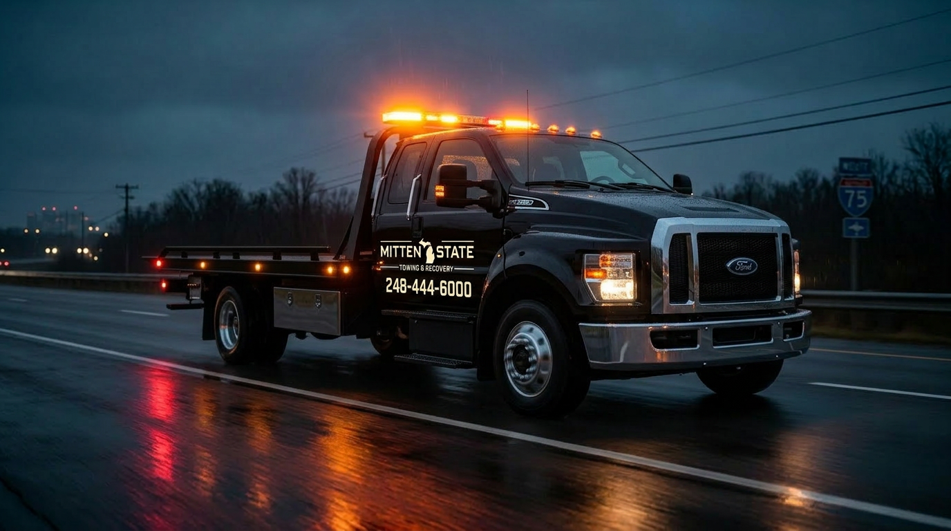 Heavy-duty tow truck responding on a Michigan highway at night